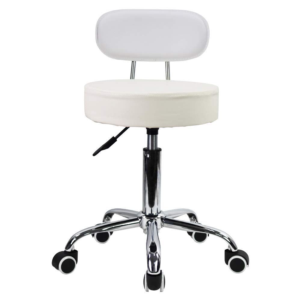 KKTONER PU Leather Rolling Stool with Mid Back Height Adjustable Office Computer Home Drafting Swivel Task Chair with Wheels (White)
