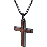 YURSIKAX Mens Wooden Cross Necklace, Handmade Real Ebony Wood Cross Pendant for Men, Christian Crucifix Cross Necklace for Men, 24 Inch Stainless Steel Box Chain