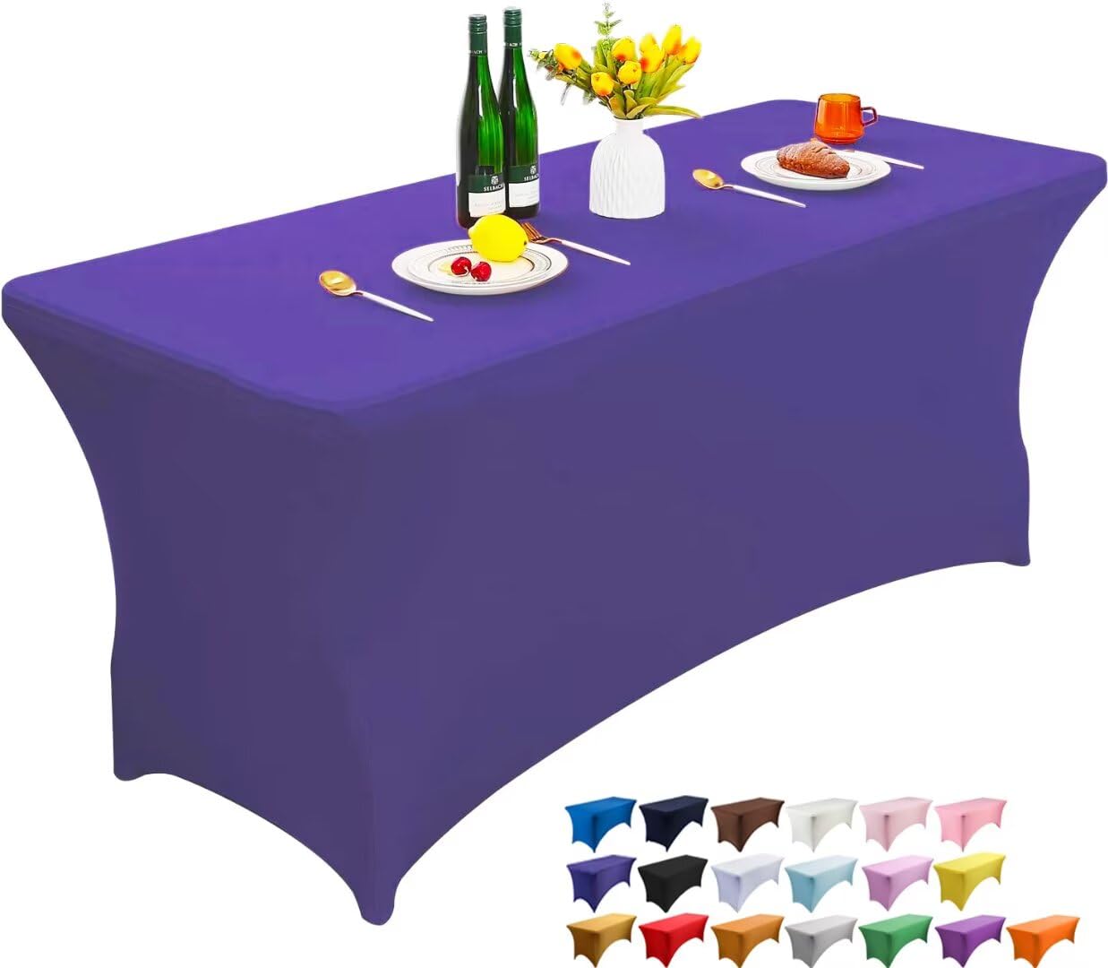 Wolfway 8FT Purple Stretch Spandex Table Cover Washable and Wrinkle Resistant Kitchen Spandex Tablecloth Fitted Rectangular Table for Party,Banquet,Weddings,Cocktail and Festival