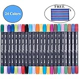 Corla Art Dual Tip Brush Pens with Free Mesh Carrying Case, Non-Toxic Water Based Fine &amp; Brush Tips Art Marker Pens for Adult Coloring Books, Sketch Painting, Calligraphy and Kids Drawing (24 Colors)