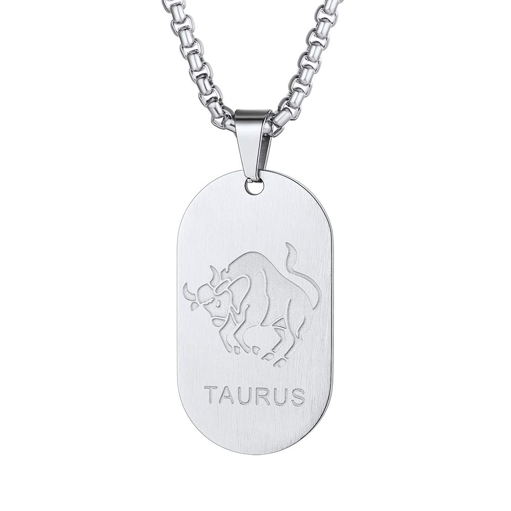 Custom4U Taurus Necklace Silver Dog Tag Necklace Chain Men 12 Zodiac Star Sign Necklaces for Teen Boy Son