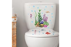 ETHANBERG 2 Sheets Ocean Grass Fish Toilet Cover Stickers, Seagrass Coral Starfish Toilet Lid Decals, Bathroom Decorative Wall Stickers, Self-Adhesive Removable Waterproof WC Restroom Wall Art Mural