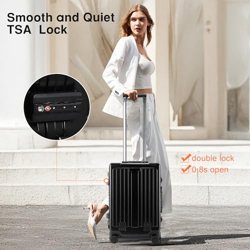 Carry On Luggage 20 Inch, Aluminum Frame Zipperless Luggage, ABS+PC Hard Shell Suitcases, Carry On with Compartment for Short Trips, Suitcase Carry-on TSA Approved (Black)