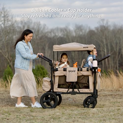 Keenz MOOV 2-Passenger All-Terrain Stroller Wagon with Reclining Seats, Cooler Bin, Push/Pull Handle, and Rubber Wheels – Foldable Wagon for Kids and Toddlers, Mocha