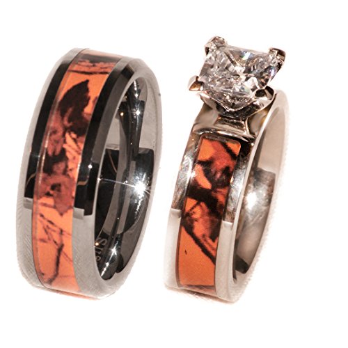 Orange Camouflage Couples Ring Set Hers w/Stone (His 11 Hers 7)