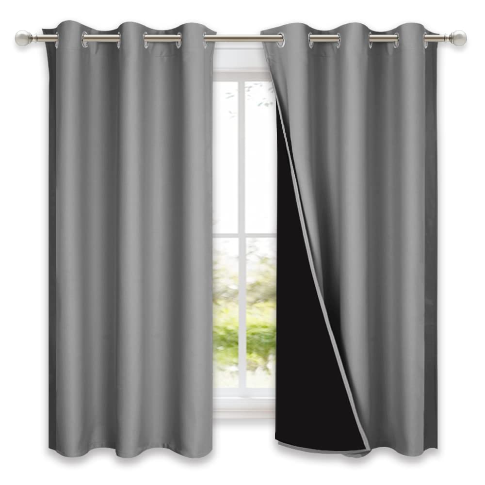 Photo 1 of NICETOWN 100% Blackout Curtains with Black Liners, Solid Thermal Insulated Full Blackout 2-Layer Lined Drapes, Energy Efficiency Window Draperies for Bedroom (2 Panels, 42" W by 63" L, Silver Grey)