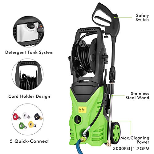 Tagorine Electric Pressure Washer, 3000PSI 1.8GPM Power Washer with 5 Quick-Connect Nozzle,Longer Cables and Hoses and Detergent Tank,for Cleaning Cars, Houses Driveways, Patios,and More (Green)