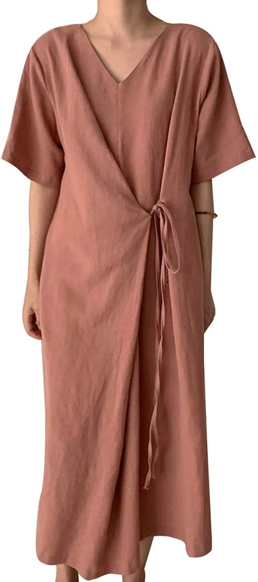 Amazon Co Jp Jomiss ロング ワンピース レディース ナチュラル ワンピース マキシワンピース セットアップ 森ガール ロング丈 綿 麻 ゆったり 無地 夏 大人 通勤 ２wayvネック ピンク Free 服 ファッション小物