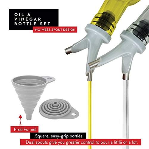 Dwellza Kitchen Glass Olive Oil and Vinegar Dispenser Set with FREE Collapsible Silicone Funnel | No-Drip Double Spouts | Dishwasher-Safe Bottles and Stainless Steel Holder in Break-Free Packaging