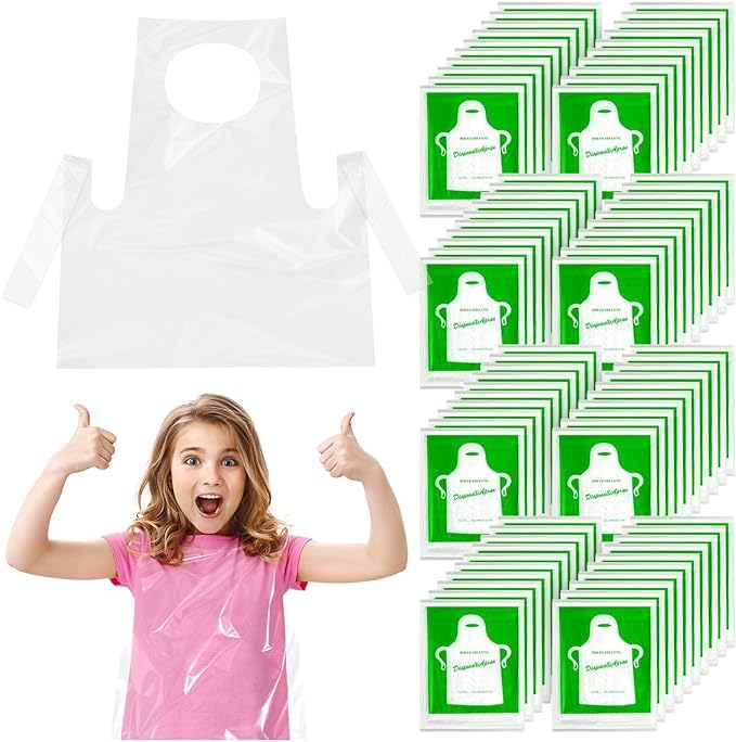 BNJZWJJ 100pcs Disposable Aprons for Kids, Clear Plastic Kids Aprons Waterproof Smocks for Painting, Cooking, DIY Crafts