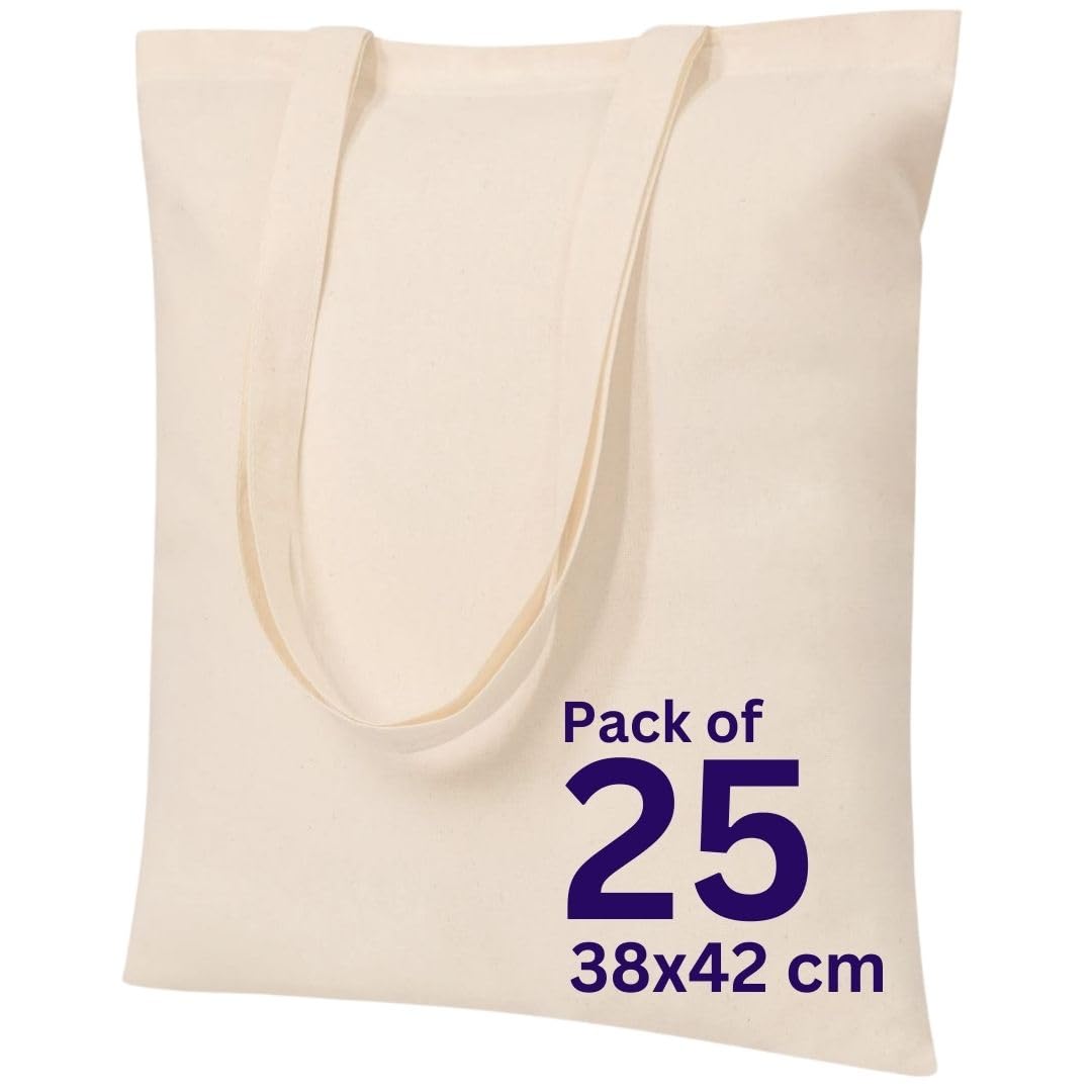 MINIMARG 100% Cotton Canvas Bags for Grocery, Plain Tote Bags to Decorate, eco-friendly Canvas Reusable blank Tote Bags made with Premium Quality Fabric - Size 38x42cm+65cm long Handle (25, Natural)