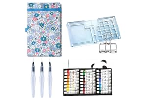 MUZMDNI Mini Portable Watercolor Palette Set-Grid Paint Box with Binder Clips Include 24 Colors Paint - Brush*3 and Picture Album Art Materials Coloring Markers (Blue Acrylic-L)