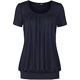 DJT Women's Short Sleeve Summer Tops Scoop Neck Pleated Front Casual Tee T Shirt