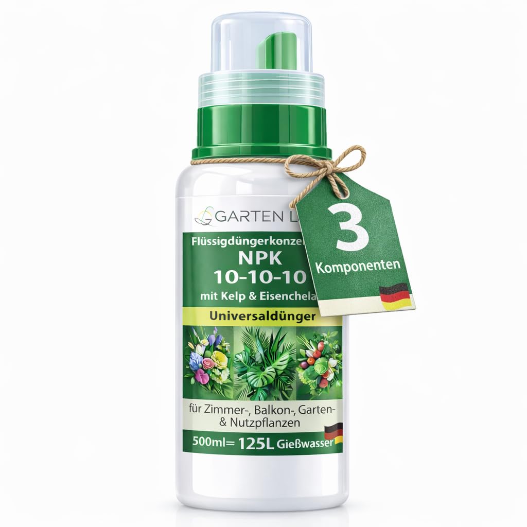 Garten Lux Flüssigdünger Konzentrat NPK 10-10-10 mit Kelp & Eisenchelat – Universaldünger für Zimmer-, Balkon-, Garten- & Nutzpflanzen, 500 ml (125 L Gießwasser)