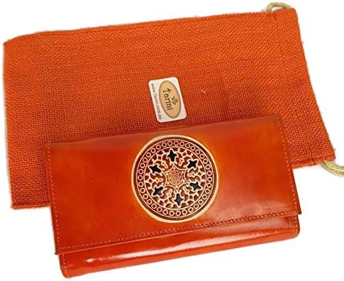 Tarini Womens Leather wallet in Orange Mandala , genuine leather handcrafted clutch