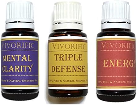 VivorificHealth Best Essential Oil Blends - 3 Blend Set - 100% Pure, Natural and Therapeutic Grade - Triple Defense, Mental Clarity, Energy | Vegan and Kosher Certified (5 mL Each)