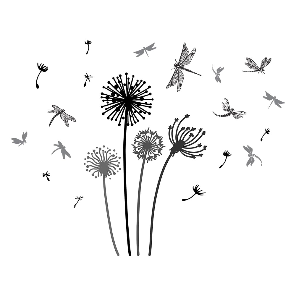 SUPERDANT Black Dandelion Dragonfly Wall Sticker Plants Insect Wall Sticker Removable Vinyl Home Decor Flowers Wall Art DIY Art PVC Wall Decal for Room Decor
