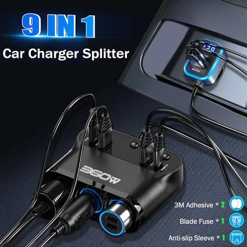 Qidoe 360 W Car Cigarette Lighter Socket 9 in 1, 3 x USB C PD 36W + Multiple Sockets, 12V/24V Cigarette Lighter Adapter with Switch Voltmeter LED Quick Charge Phone/GPS/Dash Cam