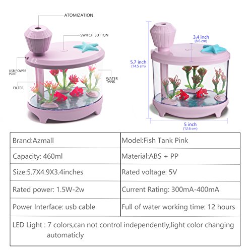 Azmall Cool Air Humidifier Essential Oil Diffuser Air Purifier, 460ML Fish Tank Mist Humidifier with 7 Changing Colors LED Lights and Timer for Home,Office,Bedroom,Living Room - Pink