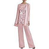 Women's 3 Pieces Lace Pants Suits Mother of Bride Dressy Elegant Sets Wedding Formal Outfits