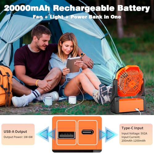 Sendowtek Camping Battery Fan 20000mAh Powerful Silent with LED Light and Hook 4 Adjustable Speeds Rechargeable Wireless USB Fan for Outdoor Tent Office