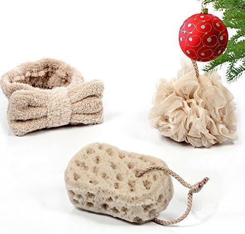 3 Piece Loofah Spa Set - Includes Mesh Shower Pouf, Exfoliating Face or Body Buffer Scrub Sponge &amp; Plush Headband - Gently Pamper and Cleanse Your Skin from Head to Toe - by Savvy Bath