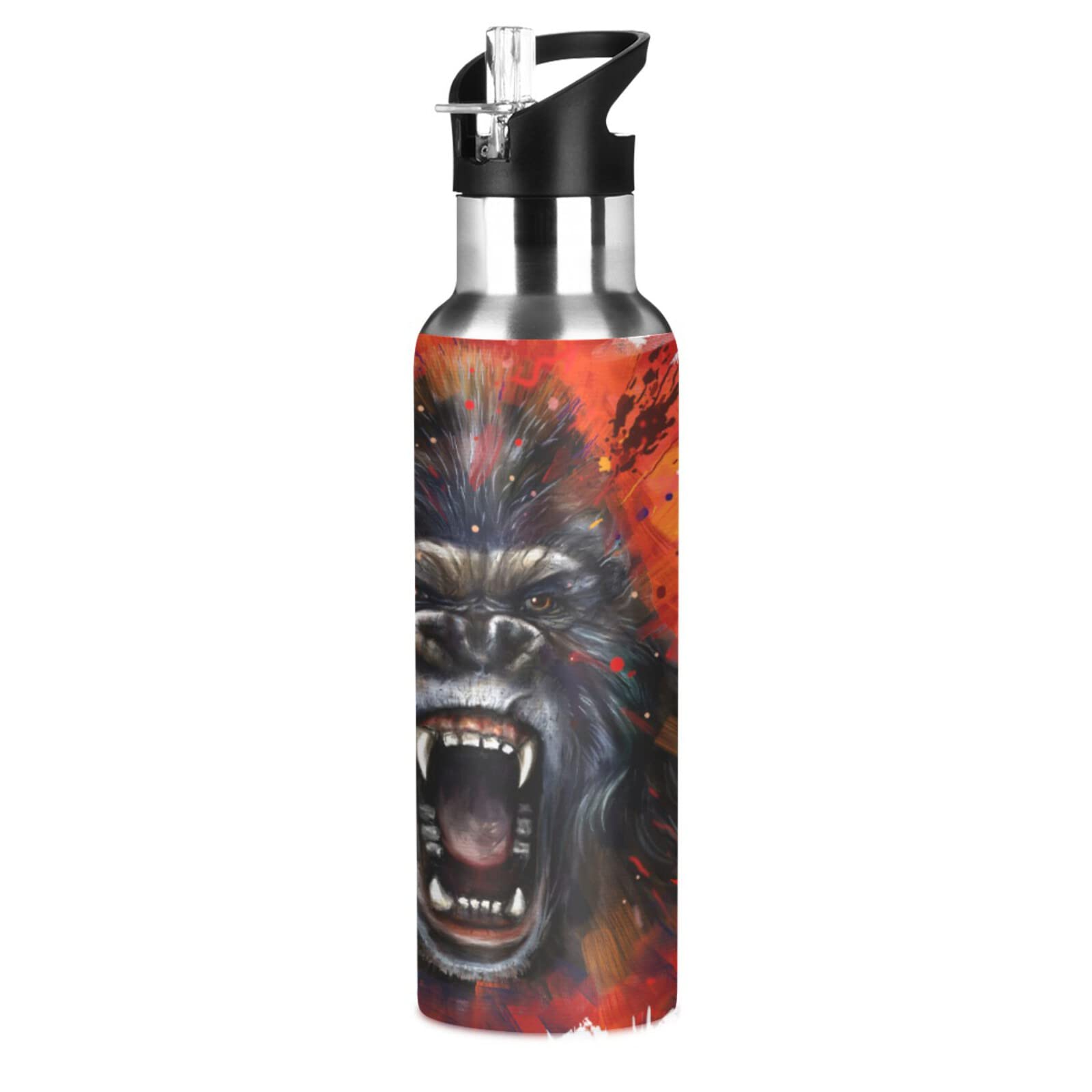 King Kong Furious Water Bottle Drink Flask with Straw Lid Insulated Stainless Steel Thermos Bottle for Boys Girls Gym Sports Leakproof 600 ml