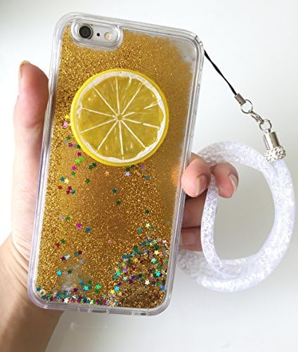 LINFA Luxury Fashion Stars Flowing Sparkles Sand Moving Flowing Summer Fruit Lemon Liquid phone case for iPhone 6 Plus 6SPlus 5.5 inch case Soft TPU Phone Case Cover (Gold+White Lanyard)