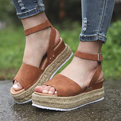 HIFUAR Women's Espadrille Sandal Platform Wedge Halter Ankle Strap Open Toe Faux Leather Studded Wedge Summer Sandals Brown US 5