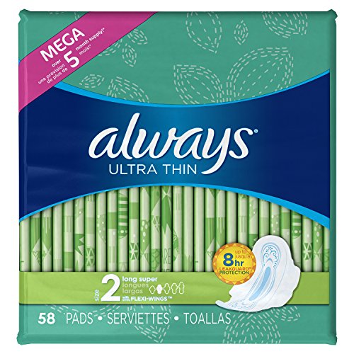 Always Ultra Thin Super Pads, With Wings, 58 Count