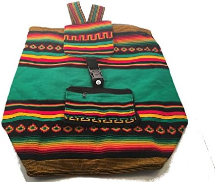 Woven Aztec Rasta Color Backpack Daypack Travel Pack with Zipper Pouch, Pull Tie Top & Clasp Bonus Hacky Sack Included
