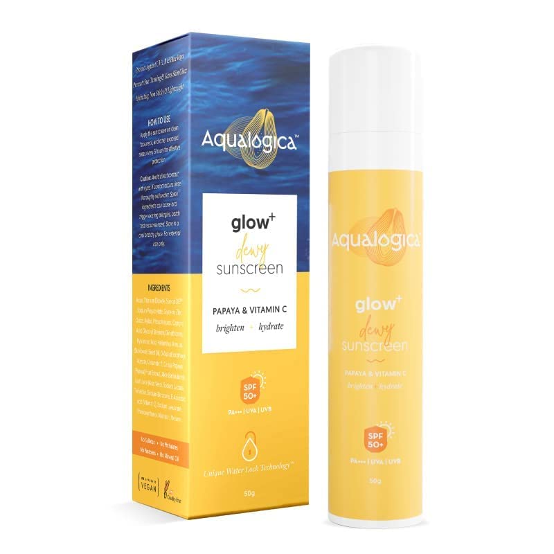Aqualogica Glow+ Dewy Sunscreen with SPF 50 PA+++ For UVA/B & Blue Light Protection, for Glowing & Well Protected Skin, Cream, 50G