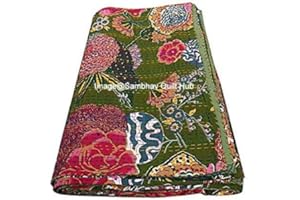 Sambhav Quilt Hub Queen/Twin/King Handmade Green Fruit Reversible Kantha Quilt Bohemian Bedding Kantha Throw Kantha Blanket Tropicana Fruit King Kantha Bed Cover Stitch Floral Quilt (60X90 inch)