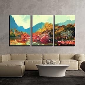 3 Piece Canvas Wall Art - Painting of Beautiful Autumn Forest,Illustration - Modern Home Art Stretched and Framed Ready to Hang - 16"x24"x3 Panels