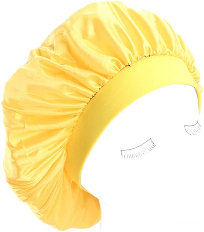 Huaxix Womens Faux Silk Bonnet Cap Wide Elastic Band Solid Night Sleep Hat Wrap Pleated