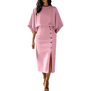 Women’s Two Piece Skirt Set Batwing Sleeve Crop Top and High Waist Split Midi Pencil Skirt Work Office Outfit Sets