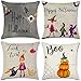 NKIPORU 4Pcs Happy Halloween Cotton Linen Pillow Cover Square Burlap Decorative Throw Pillowslip Cushion Cover with Bat Pumpkin Little Witch Element