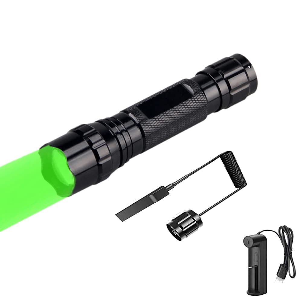 WESLITE Green Light Flashlight, Ultra Bright Tactical Hunting Torch Focus Adjustable 1 Mode Waterproof Hunting Light with Pressure Switch and Battery Charger for Coyote Predator Varmint Hunting