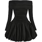 OYOANGLE Girl's Off The Shoulder Long Sleeve Bubble Dress Ruched A Line Casual Short Swing Dresses