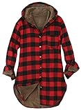 ililily Women Buffalo Plaid Hoodie Sherpa Lined Flannel Long Line Shirt Jacket