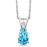 Gem Stone King 14K White Gold Swiss Blue Topaz and White Moissanite Pendant Necklace for Women | 1.02 Cttw | Gemstone November Birthstone | Pear Shape 8X5MM | With 18 Inch Chain