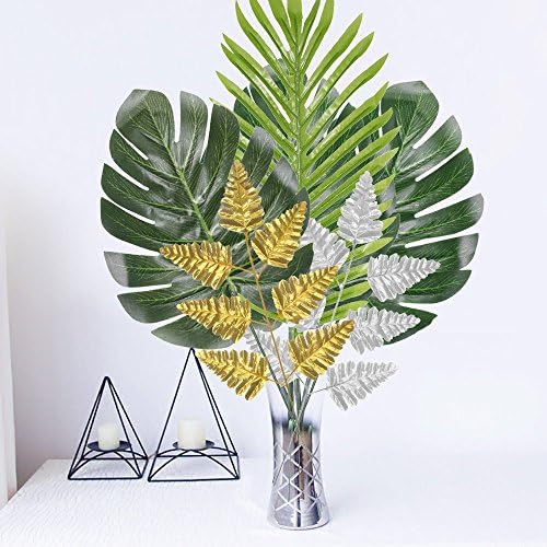 VSTON Christmas Party Decoration Palm Leaves Packs Set with Green Golden Silver Fabric Leaves for Christmas Holiday New Year Home Party Decoration, 25 Packs