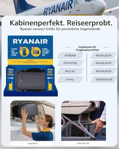 für Ryanair Handgepäck Rucksack 40x30x20, Leicht & Reißfest Kabinenrucksack für Herren auf Flugreisen, 2-in-1 Faltbar Flugrucksack mit Mini Tasche, 24L PET-Recycelt Travel Backpack(Grau)