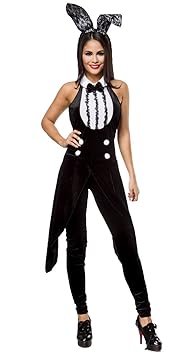 AT 2-tlg. Bunny Set Samt Jumpsuit in Frack-Optik Hasen Kostüm Overall, Haarreif mit Ohren in schwanz weiß Sexy Hasenkostüm Pl