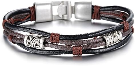 EnM Jewelry Men's Retro Tribal Leather Bracelet Wristband Wrap Multistrand Steel, Brown Black