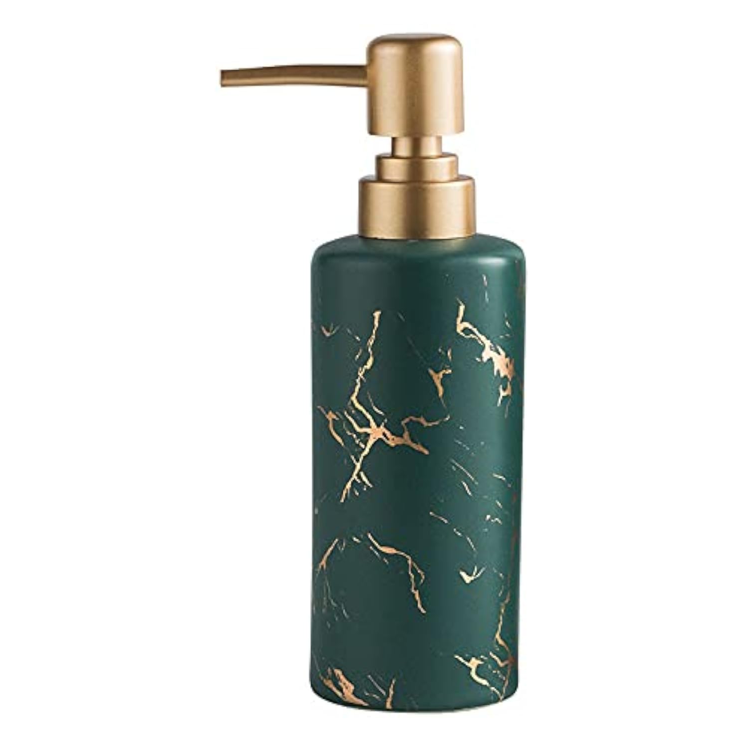 Gold Soap Dispenser for Bathroom or Kitchen, Skinny Ceramic Lotion Bottle with Marble Pattern, Rust-Free Pump(Dark Green)