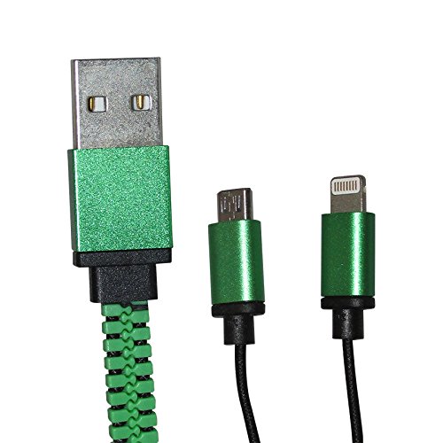 Cabo de Dados Verde Estilo Ziper com Saída Micro USB e Lightning