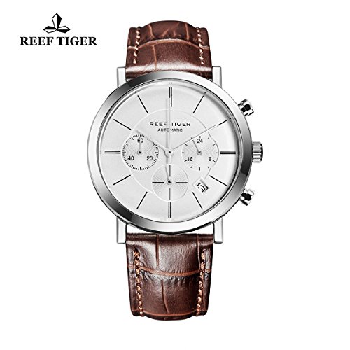 Reef Tiger Ultra Thin Watch Date White Dial Leather Chronograph