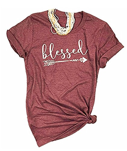 Ruanyu Women's Casual Letters Printed T-Shirt Short Sleeves Blessed Or Thankful Arrow Tee Tops
