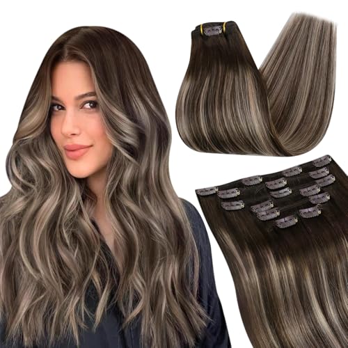 Ugeat Balayage Clip in Hair Extensions for Women Hair Clip in Extensions Balayage Brown Mix Ash Blonde Human Hair Clip ins Extensions 7pcs 105g 14 Inch — image 1